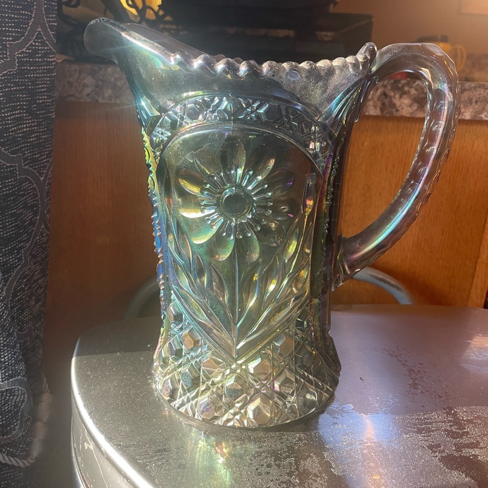 Vintage Blue Pressed Glass Pitcher Indiana Glass Floral Pattern